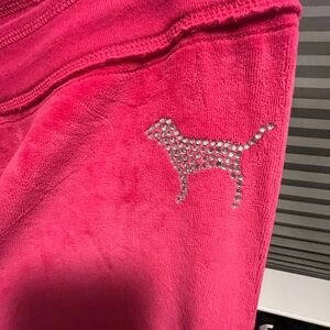 VS Pink velour wide leg lounge pants with crystal dog.